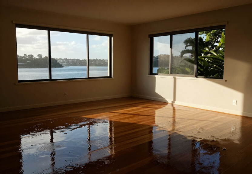Flooded living room in North Wahroonga before restoration